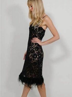 Bon Viviann Black Lace Slip Chemise with Feather Hem worn once